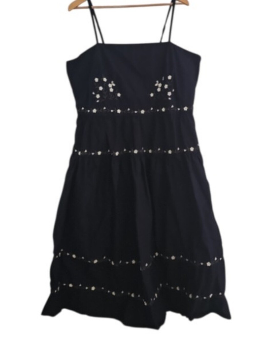 100% Cotton Embroidered Midi Dress XXL Navy Cottagecore Boho Floral Pockets